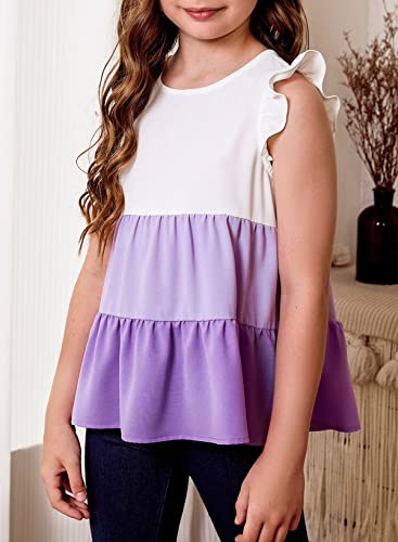 Blibean Tween Girls Basic Round Neck Tee Shirts Preteen Ruffle Sleeve Loose Sleeveless Blouses For Party 6-7 Years Lavender Purple #TOP2