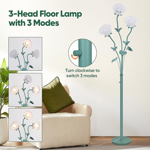 Image of TOBUSA Vintage Flower Floor Lamp for Living Room, 75'' Tall Flower Standing Lamp with Gooseneck, 3-Head Green Floral Lamp with 3 LED Bulbs, Unique Aesthetic Corner Lamp for Bedroom Office Home Decor