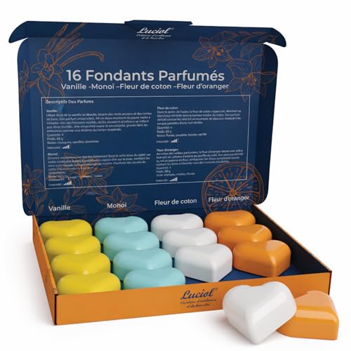 Fondant parfumé pour bruleur (Pack de 16) - Cire parfumée pour bruleur- 4 Parfums : Vanille, Monoï, Fleur de Coton, Fleur d'Oranger - Idéal pour bougie...