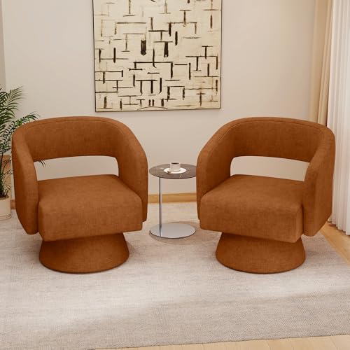 Nebuaegis Swivel Accent Chair Set of 2, Modern Comfy Chenille Barrel Chairs, Oversized Upholstered Round Arm Chair for Living Room, Bedroom, Reading Room, Caramel