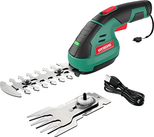 HYECHO Cizalla de césped inalámbrica, 7.2 V 2 en 1 eléctrica de mano para césped y cortasetos con cuchillas de poda y cuchillas de corte de hierba, cable de carga USB, para jardín, césped, arbustos Cover