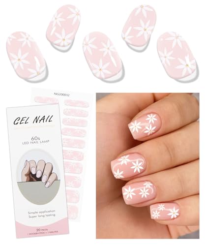 JMEOWIO Autocollants en gel semi-durci UV/LED Motifs fleurs roses et blanches