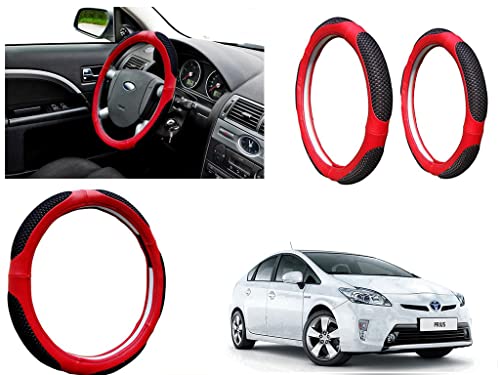 Image of Microfiber Car Steering Wheel Cover, Soft Padding Great Hand Feel, Anti-Slip, Faux Leather Steering Cover for Toyota Prius | Black Red Jali - Pack of 1