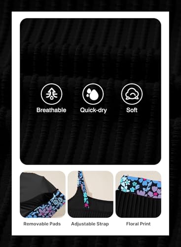 Image of Herseas Women's Textured Bikini Sets Floral Print Trim Scoop Neck Swimsuits High Waisted Bathing Suits