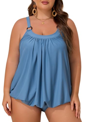 Aleumdr Plus Size Tankini Swimsuit for Women 2 Piece Tummy Control Bathing Suit Blouson Flowy Swim Dress with Bottom