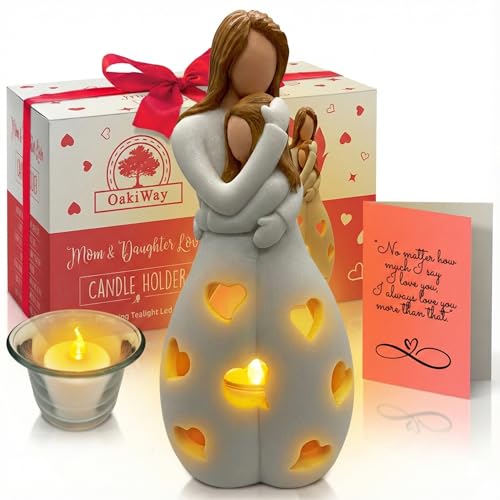 Gifts for Mom from Daughter – Mothers Day Candleholder Statue with Flickering LED Light | Birthday Gift for Mom | Unique Present with Greeting Card | Seasonal Home Décor (Light Brown)