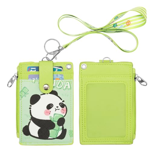 Image of ID Badge Holder with Lanyard,Cute Panda Work Badge with Zipper Pocket, 2-Sided Functional Card Wallet with 3 Card Slots and Detachable Keychain for Teacher Student Nurse Worker (Green)