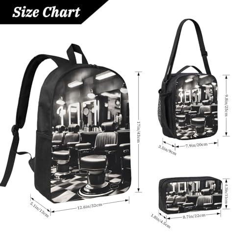 Barber Shop Monochrome Style print Shoulder Bookbags Lunch Bag and Pen Case 17 inches Backpack with Lunch Box, Cute Bookbag Set4