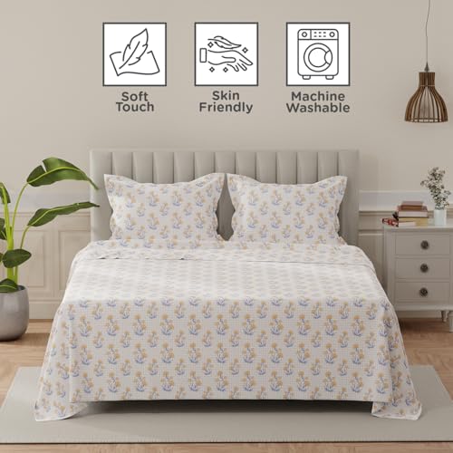 Image of Layers 100% Cotton Bedsheet for King Size Bed | Lumina Floret Collection | 144 TC Soft & Breathable | Printed with 2 Pillow Covers | Wrinkle Free & Colorfast | 3 Piece Bedding Set - Yellow & Blue