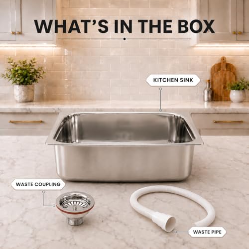 Image of Stainless Steel Kitchen Sink 21x18 Inch | Single Bowl Sink for Modular Kitchen | With Stainless Steel Waste Coupling & PVC Pipe | Heavy Duty Finish