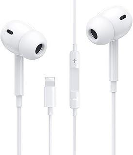 سماعات بسلك للايفون أذن عالية الدقة بصوت باس إضافي مع ميكروفون وتحكم في مستوى الصوت عزل الضوضاء متوافقة ايفون 12 - SE - 11 - XS - X - XR - 8 - P - 7 - تدعم جميع أنظمة اي او اس داخل الأذن أبيض