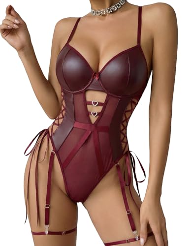 Avidlove Women Lingerie Leather Teddy Lingerie Strappy Teddy Mesh Bodysuit One Piece Babydoll Dark Red L