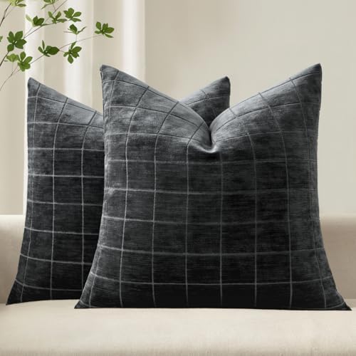 Image of MIULEE Black Plaid Decorative Throw Pillow Covers 20x20 Set of 2 | Vintage Check Chenille Couch Pillows Neutral Boho Farmhouse Cushion Covers Modern Home Decor for Sofa Bed Living Room
