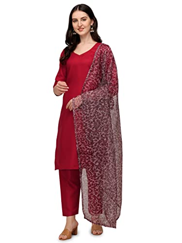Image of Pujia Mills Women's Polyester Straight 3 /4th Sleeve Readymade Salwar Suit Kurta With Pant And Duppatta's