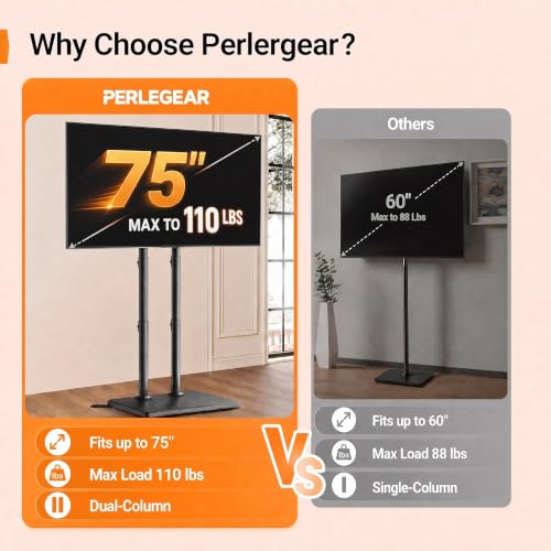 Image of Perlegear Universal Floor TV Stand for 32-75 inch TVs up to 110 lbs, Height-Adjustable Tall TV Stand with Solid Wood Base & Extra-Stable Anti-Tip Feet, Swivel TV Mount for Bedroom, VESA 400x400, PGFLS34B