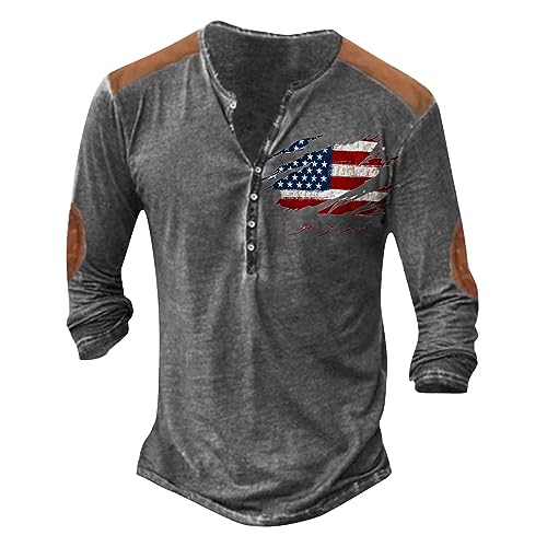 V Neck T Shirts Men Long Sleeve Vintage Distressed Henley Shirts American Flag Patriotic Casual Button Down Shirts