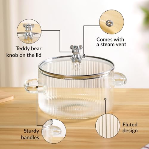 Image of Nestasia Borosilicate Glass Cooking Pot on Gas Stove (1600 ml) - Fluted Casserole with Air Vent Glass Lid | Microwave & Dishwasher Safe Durable Handi for Kitchen