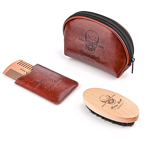 Menesia Beard Brush And Comb Set, Boar Bristle Hair Beard Brush Kit With Small Leather Travel Toiletry Bag Case For Men, Men's Wooden Mustache Comb & Brush #TOP1