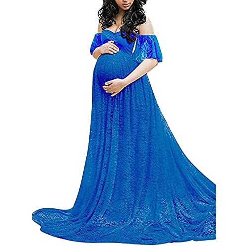 Vestido largo de encaje para mujer, de manga corta, para fotografía, vestido de manga voladora, vestido casual midi, azul, M