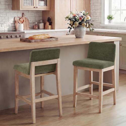 Image of Zesthouse Wood Bar Stools Counter Height Set of 4, 26 inch Modern Bar Stools with Back & Solid Wooden Leg, Mid Century Farmhouse Barstools, Green Linen High Chairs for Kitchen Island, Antique Brown Finish