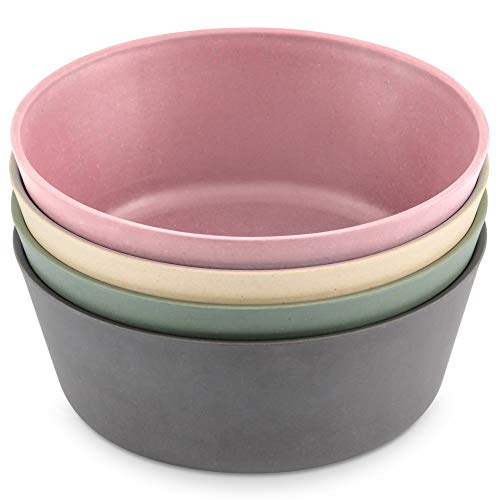 WeeSprout Bamboo Kids Bowls, Set of Four 10 oz Kid-Sized Dinnerware, Cereal, Leftovers & Snack Bowl, Dishwasher Safe (Pink, Green, Gray, & Beige)