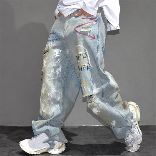 Men’S Chic Slim Fit Straight Ripped Denim Full Length Jeans Button Fly Midweight Light Distressed Destroy Wash Print Detail4