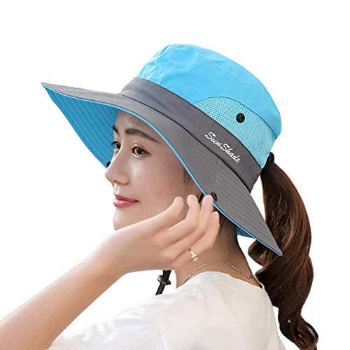 Sun Hats for Women Beach Hat Ponytail Hat Womens Sun Hat Wide Brim Sun Hat Women Sky Blue