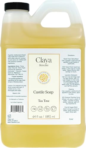 Claya Liquid Castile Soap – Organic Ingredients, Biodegradable, Gentle for Sensitive Skin and Versatile Use (64 fl oz, Tea Tree)