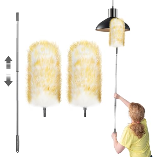 Plumero de plumas extensible, 3 unidades de plumero de lana de cordero para limpieza con poste de extensión de hasta 130 cm, reutilizable para luces de techo alto, hogar, oficina, limpieza de coche