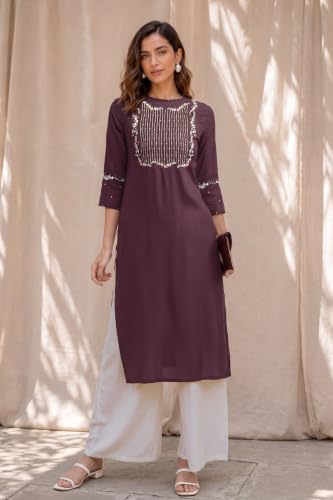 Image of MIRCHI FASHION Women's Straight Fit Rayon Sequins Embroidered and Polka Dots Printed Kurti Only