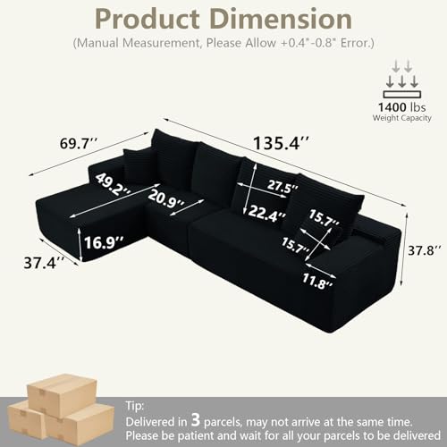 Image of 135 inch Modular Sectional Couches for Living Room, Comfy Boneless L Shaped Cloud Couch with Chaise Lounge, Modern Cozy Corduroy Deep Seat Floor Sofa, Memory Foam, No Assembly Required, Black