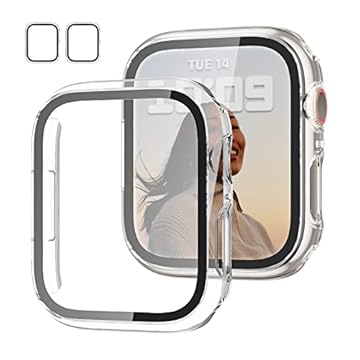 Pacote com 2 capas com protetor de tela de vidro temperado para Apple Watch séries 9/8/7 de 45 mm, JZK Slim Guard bumper capa protetora de PC rígida HD ultrafina para acessórios iWatch de 45 mm,