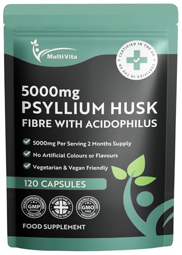 Psyllium Husk Capsules 5000mg with 500 Million CFU Lactobacillus Acidophilus | 120 Vegan Capsules | Natural Soluble Fibre from Plantago Ovata Seeds | Food Supplement | Made in UK