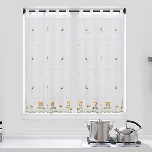 Dalina Textil - Cortina de Cocina Translúcido con Bordado, Cortina Media Altura para Cocina, Comedor, Marco de Puerta Tejido Gasa Fina(2 Piezas 100 x 140 cm, Abejas)