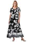 Woman Within Women's Plus Size Short-Sleeve Crinkle Dress - 2X, Black Bloom Flower