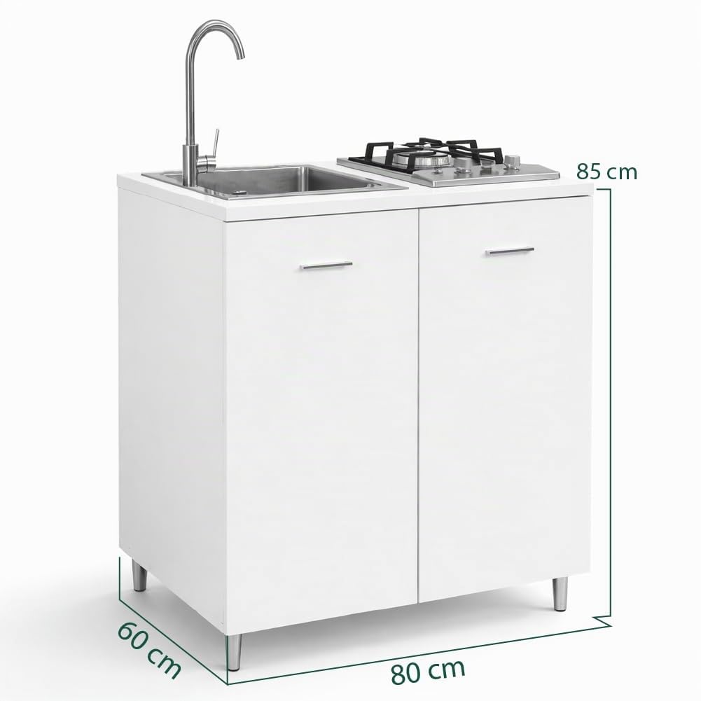 Shally Dogan Cocina completa monobloque 80 x 60 x 85 cm, placa de cocción de 2 fuegos y fregadero con 3 accesorios de acero galvanizado 50 x 40 cm, grifería completa con fuente y accesorios incluidos