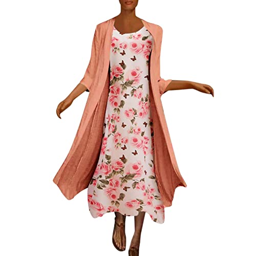 XCWER Women's Chiffon Dress Two Pieces Chiffon Dress Loose Scoop Neck Fancy Print Midi Dresses for Ladies Orange