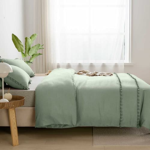 Etdiffe Sage Green Duvet Cover Full Size, 3Pc Boho Pom Microfiber Comforter Cover Set, Bohemian Farmhouse Soft And Lightweight Quilt Cover For Teen Girls Women… #TOP2