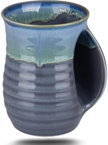 Hand Warmer Coffee Mug Handmade Pottery (UPGRADED) – 16 Ounce Large Hand Warming Mugs Ceramic Gift for Christmas with Contoured Pocket, Keep Your Fingers Warmth, Right Handed