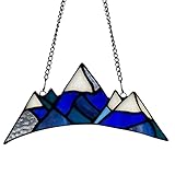 RIVER OF GOODS Stained Glass Window Panel - Snow Capped Mountains - Tiffany Style Textured Stained Glass Home Décor, Blue White