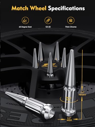 Image of MIKKUPPA 1 /2-20 Spike Lug Nuts, Chrome 1 /2x20 Solid Acorn Spiked Lug Nut | 20PCS 4.4 inch Tall, With Socket Key, Replacement for Jeep Wrangler Cherokee Liberty Tire Nuts