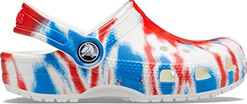 red white and blue kids crocs