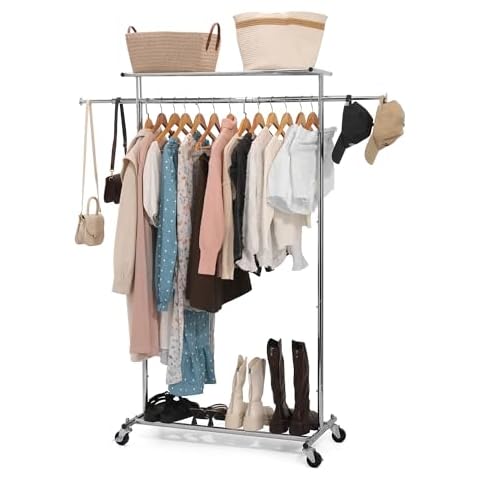 HOUSE AGAIN Clothes Rack on Wheels with Extra Top Storage Shelf, LARGE Rolling Garment Rack for Hanging Clothes, Heavy-duty Metal Clothing Rack Organizer for Bedroom, Living Room -Silver Cover