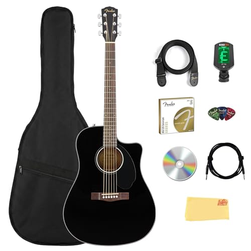 Fender CD-60SCE Solid Top Dreadnought Acoustic-Electric Guitar - Black Bundle with Gig Bag, Cable...