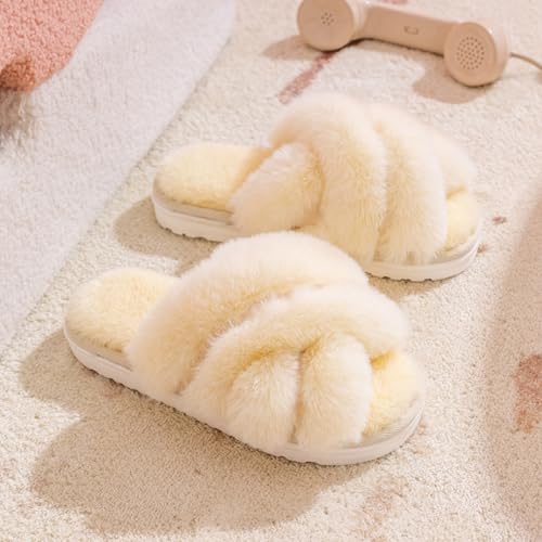Fuzzy House Slippers for Women Memory Foam Cross-strap Slip On Open Toe Furry Fur Bedroom Indoor Oudoor Slides Slipper Shoes3