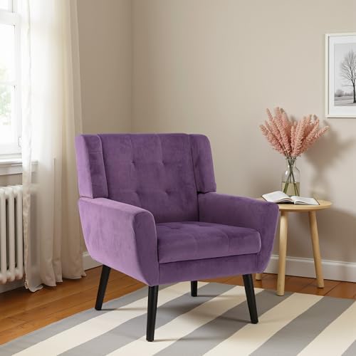 Lyngins Mid Century Accent Chair, Velvet Upholstered Fabric Accent Armchair for Living Room and Bedroom, Modern Wingback Sofa Chair with Lounge Seat and Wood Legs - Lavender Purple