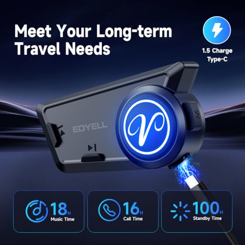 Image of EDYELL V2 Motorcycle Helmet Bluetooth Headset,Helmet Speakers with 2 Type Mics,Connects to 2 Phones at The Same Time Using Music & GPS,Compatible with All Helmets