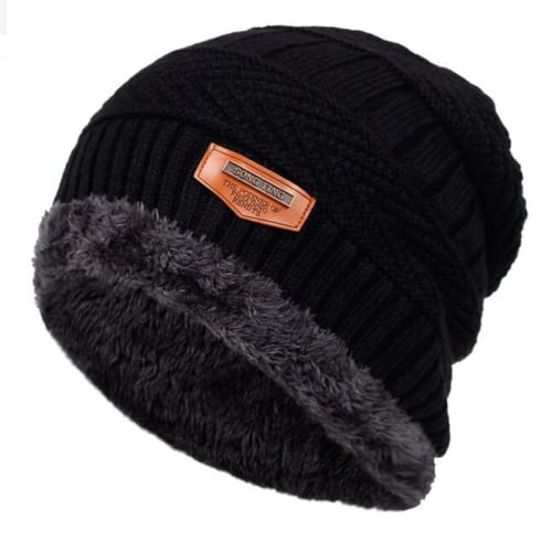 Gorro masculino de tricô de inverno com forro de lã grossa felpudo (Preto)