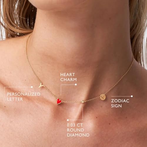 Personalized Red Heart Inez Initial Necklace with Small or Big Diamond - Custom Initial & Zodiac Sign - Jewelry for Her, Women - Dainty Gift for Mother's Day, Birthday, Christmas2