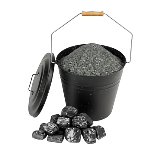 DUAYRA 10L Strong Coal Bucket, Heavy Duty Metal Ash Bucket with Wooden Handle, Log Burner Bin with Tight Lid Cover, Indoor Outdoor Fireside Ash Buckets Stove, Black Fireplace Metal Bins H29cm